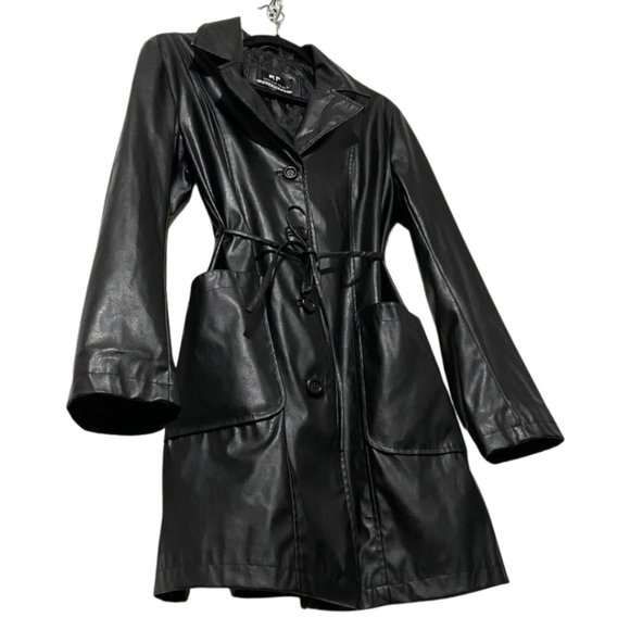Marcelle Renee Classic Black Faux Leather Trench Coat Belted Jacket Medium M - Picture 2 of 14